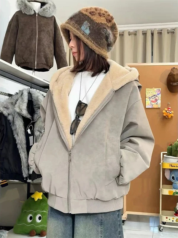 Grey PU Leather  Crane Thickened Winter Jacket Men Women Cotton Coat Warm Fleece Lined Hooded Heavyweight Casual Coat