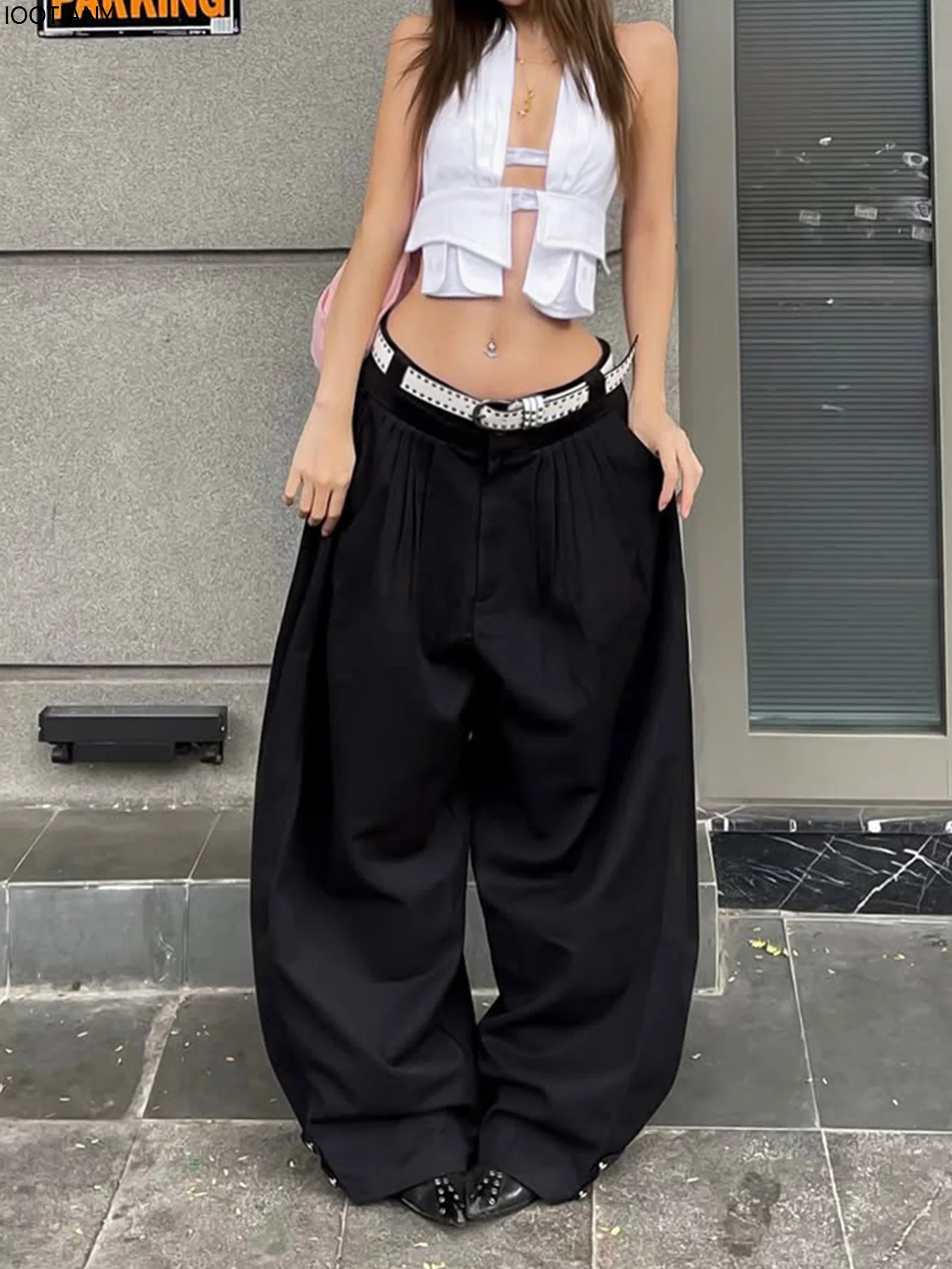 

Fashion Pleated Low Rise Office Casual Pants Women's Casual Button Loose Straight Pants Summer Street Style Trousers