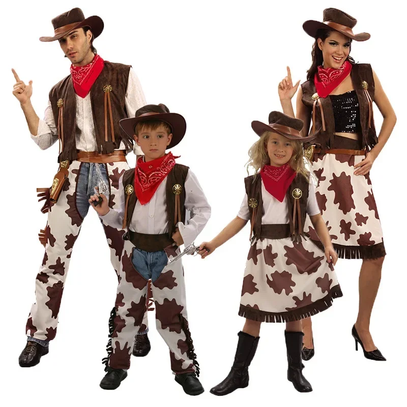 

Children Adult Cowboy Cosplay Costumes Halloween Masquerade Clothing West Fancy Cowgirl Roleplay Dresses Parent-child Party Suit