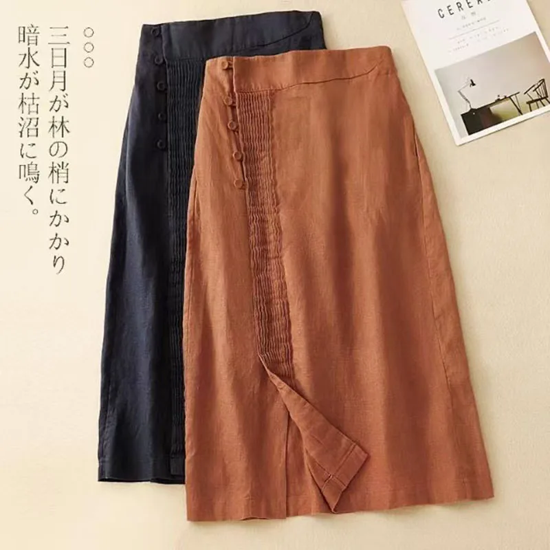 Summer Pleated Split Midi Skirt Women Versatile A-Line Cotton Linen Skirt Causal Button Elastic High Waist Skirts