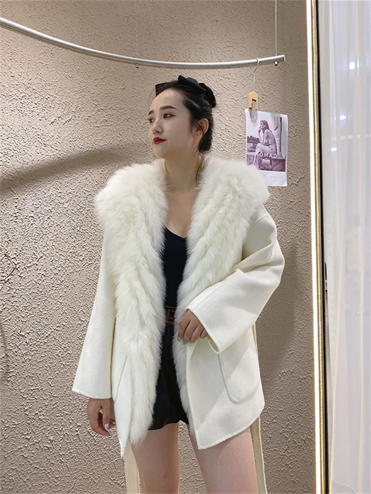 

Women Cashmere European Long Cardigan Loose Jacket With Hat Winter Warm Luxury Lining Fox Fur Striped Coat With Belt Removable