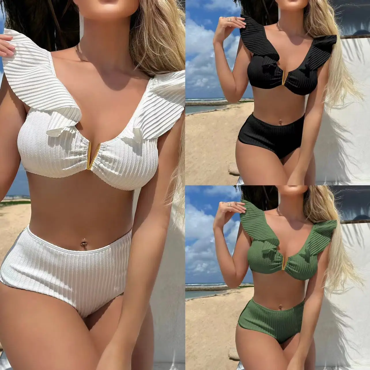 

New Special Fabric High Waist Ruffle Edge Split Swimsuit Bikini