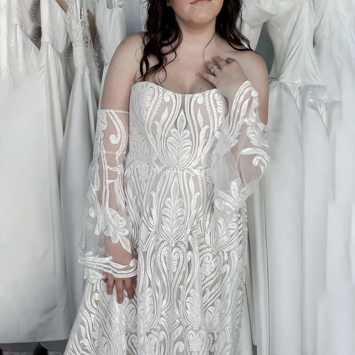 Removable Illusion Short Flare Sleeves A Line Boho Wedding Gowns Sweetheart Strapless Zipper Customized Lace Beach Bridal Dress
