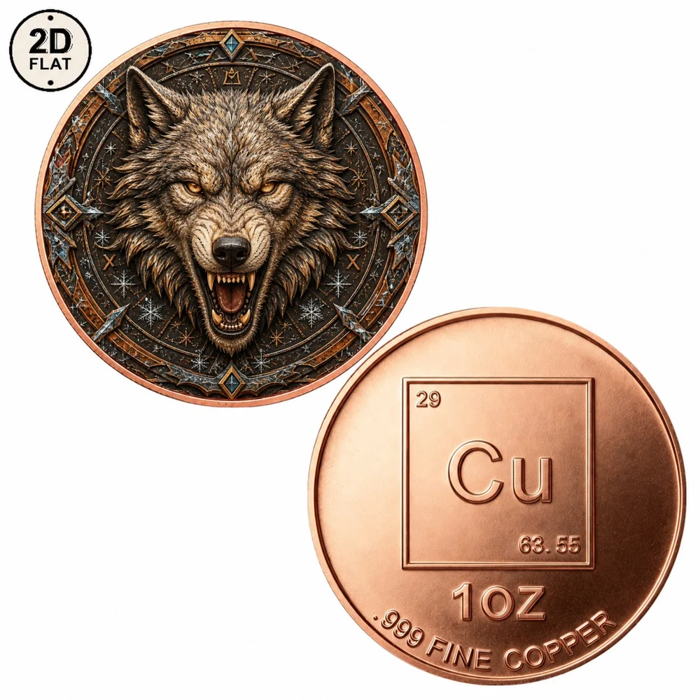 1pc Mystic Wild Wolf 1oz .999 Fine Copper Challenge Coin 2D Norse Winter Snowflake Commemorative Medal Gifts for Wildlife Lovers