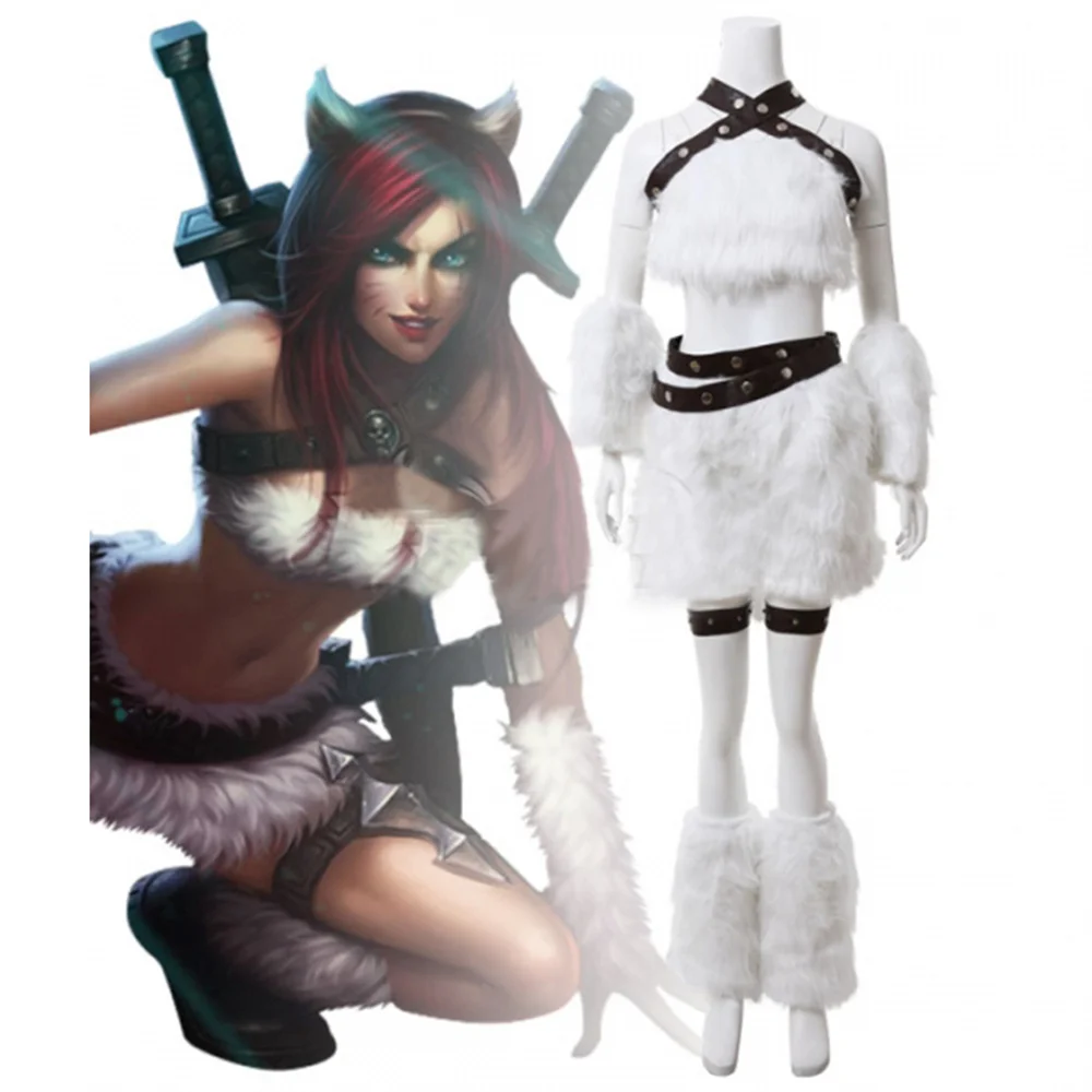 Game LOL Katarina Cosplay Costume Women Sexy Plush Cross Halter Neck Crop Top Uniform Outfits Halloween Party White Battle Suits