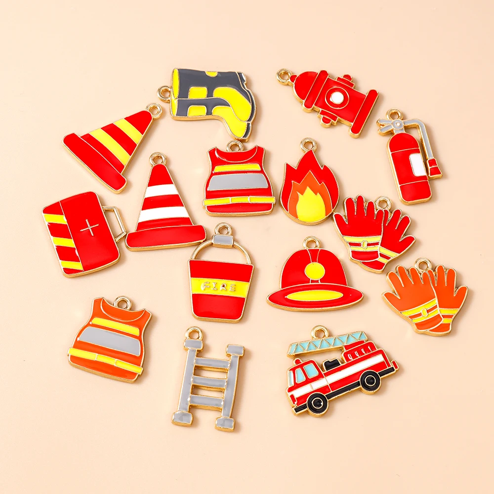 Leslie 10pcs Firefighting Charm Fire Hydrant Truck Helmet Boots Pendant for Jewelry Making Diy Necklace Earring Accessories