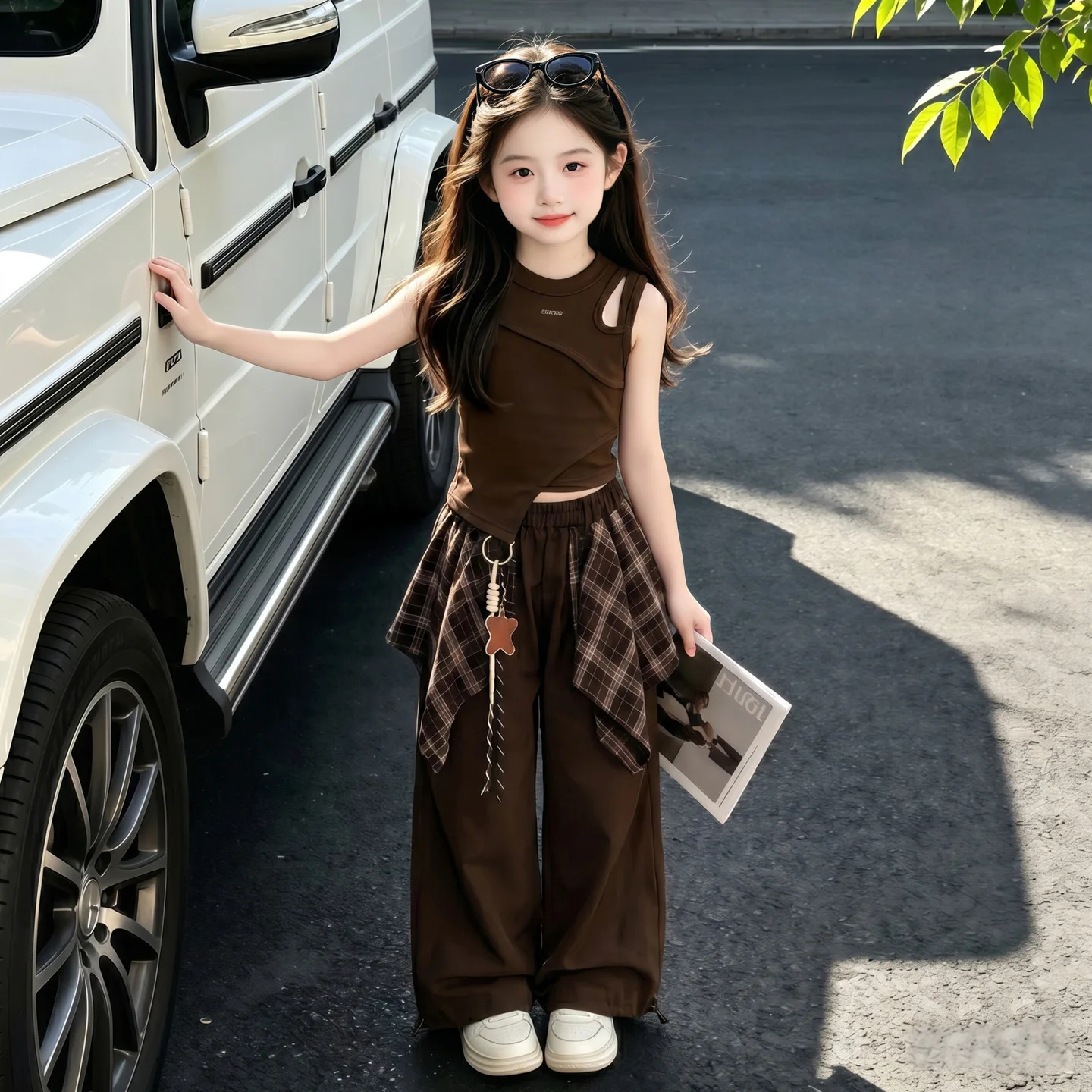 Girls summer suit new middle-aged and older children girls children summer plaid culottes vest two-piece set fashionable
