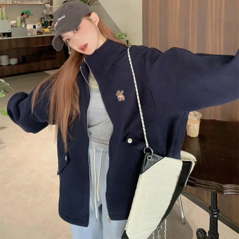 Women High Collar Long-sleeved Bear Polar Fleece Warm Zipper Jackets Autumn Winter Korean Lazy Style Loose Casual Versatile Coat