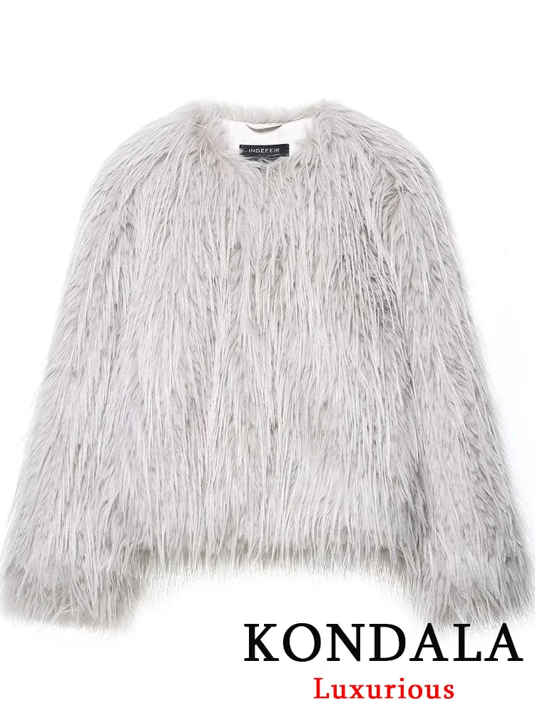 

KONDALA винтажные праздничные шикарные женские факсерские меховые куртки с круглым вырезом и карманами, теплые пальто, новая мода 202, осенне-зимняя женская верхняя одежда