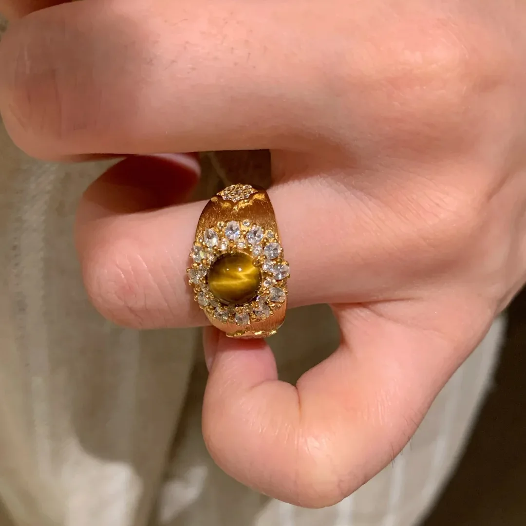 Unisex Vintage Brushed Mellow Natural Copper Cat's Eye Stone Oval Gemstone Ring Trendy Light Luxury High-end Overlapping Super