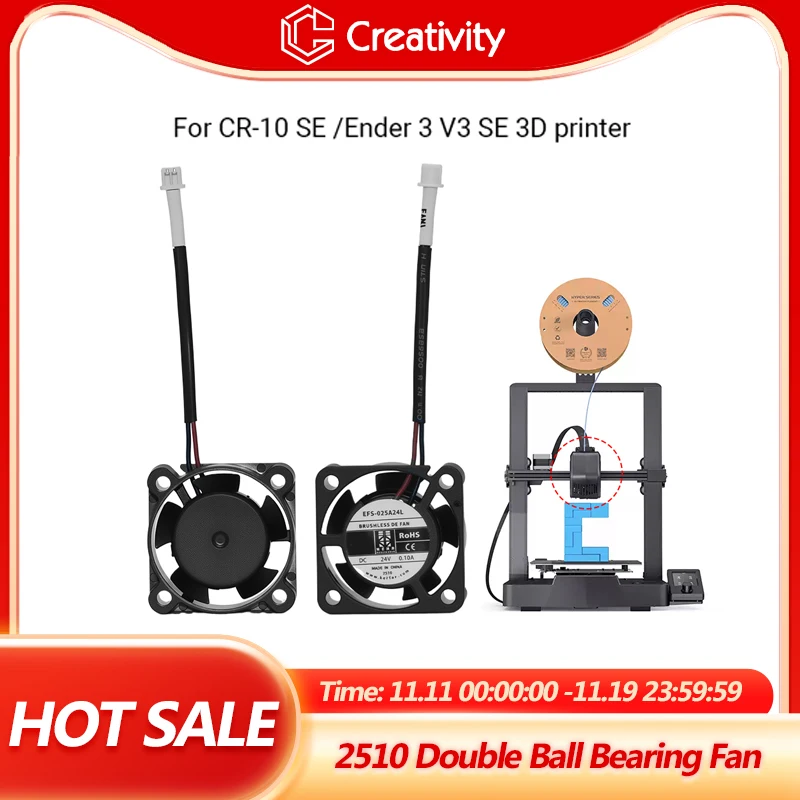 

Креативный бесщеточный вентилятор постоянного тока 24 В 2510, осевой вентилятор с двойным шарикоподшипником для деталей 3D-принтера CR-10SE/ Ender3 V3 SE/ Ender3 V3 KE