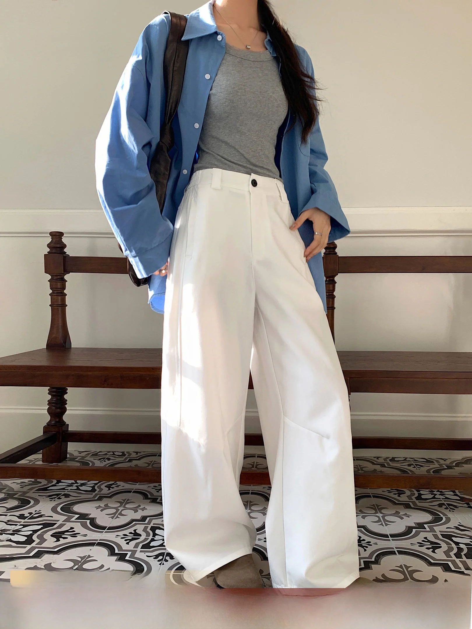 

Faionable Korean Sle Wide Leg Casual Pants Women's Loose Fit White Straight Tube Trousers Ele Lady Suit Pants