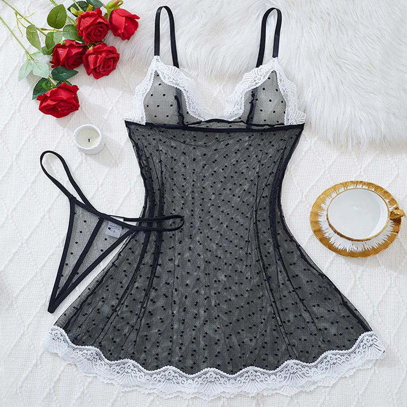Women's Nightgown Polka Dot Mesh Sleepwear Lace Trim Sexy Nightwear Summer Slip Pajamas Dress Female Sleeveless Night Dress