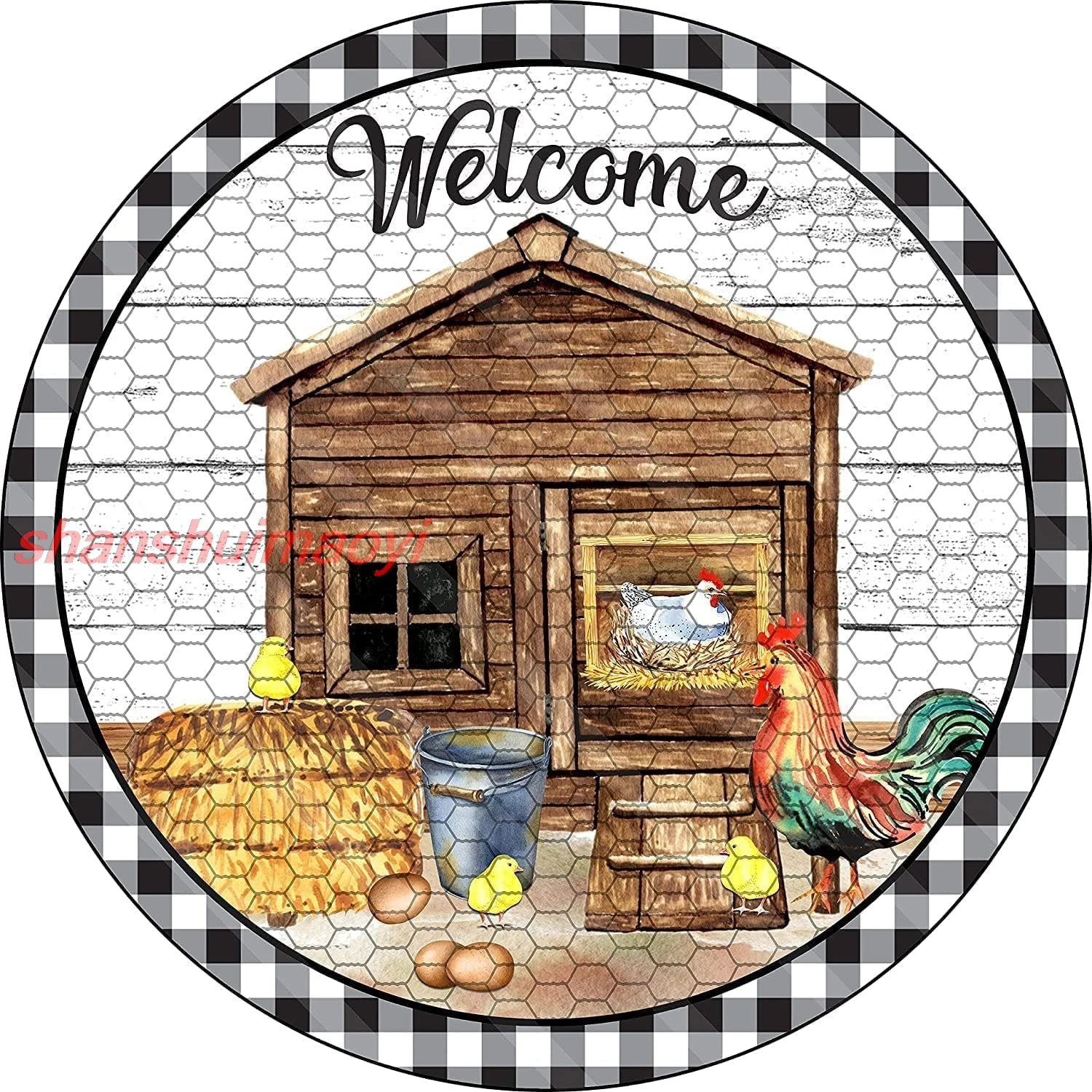 shan tal Tin Sign Rustic Wall Decor Wall Plaque Welcome Chickens Rooster Eggs Hen House Wreath Sign,Suitable for Home Gar 1pc