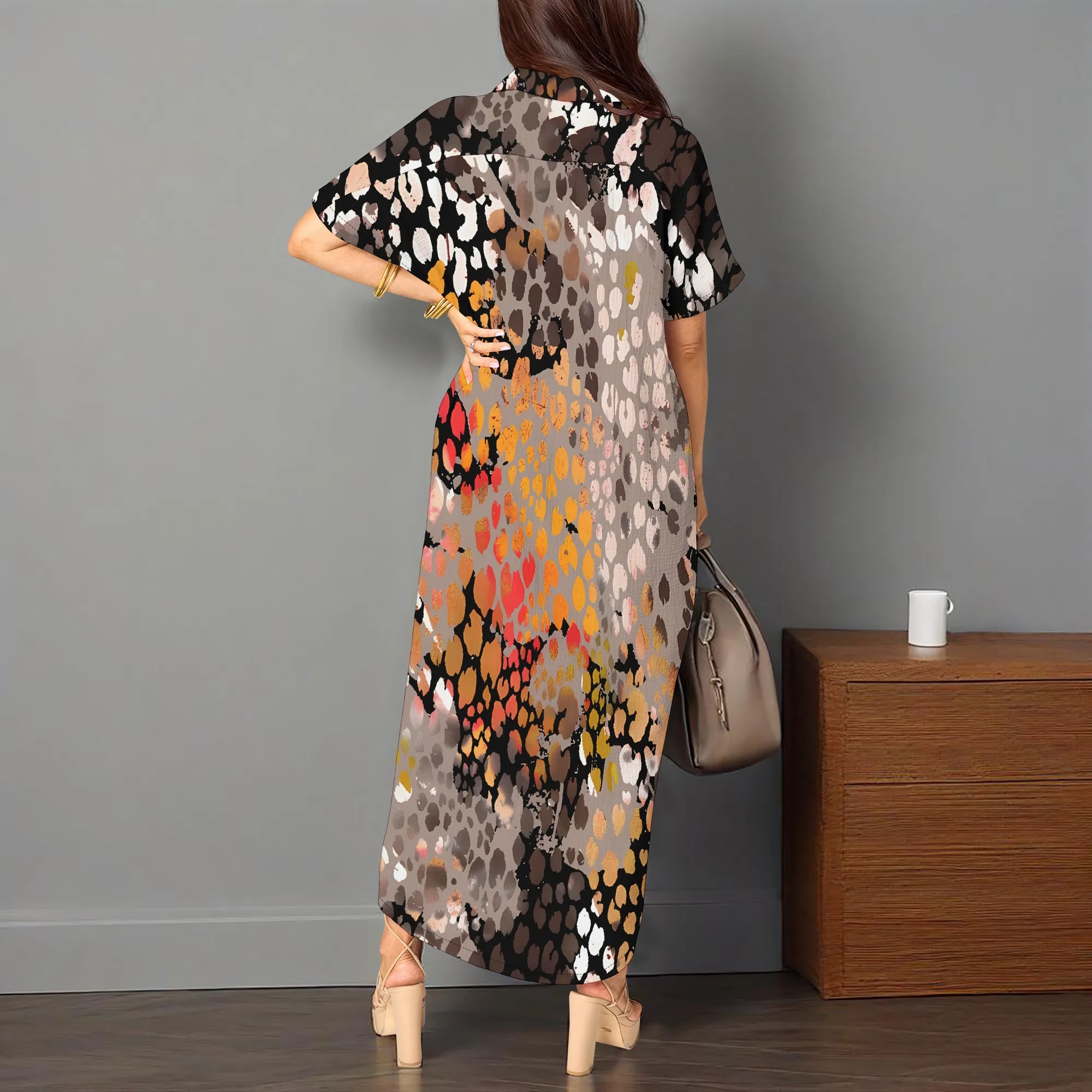 فستان قميص Nupusa بطبعة الفهد للنساء مقاس عادي صيفي كاجوال بياقة قميص وأكمام قصيرة