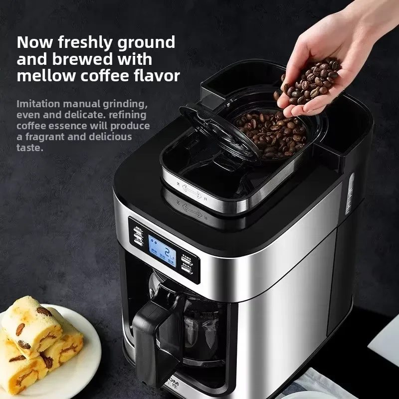 Automatic Drip Coffee Maker with Integrated Grinder Electric Bean to Cup Machine for Home Office American Style Brewing