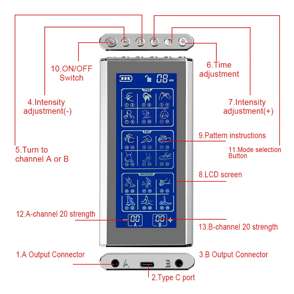 36 Modes EMS Muscle Stimulator Electric Body Massager Dual Output TENS Pulse Massager For Neck Shoulder Back Muscle Soothing