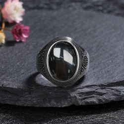 S925 Silver Rings Large Natural 10x14MM Black Agate Ring for Women Men Silver Party Jewelry Tiger Eye Turquoise Lapis