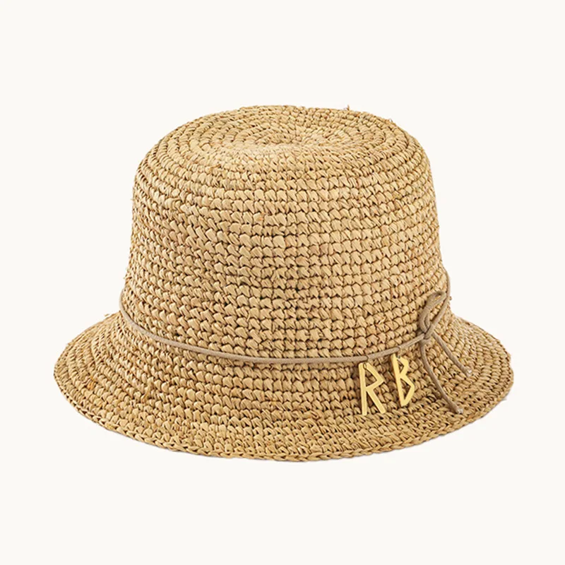 European New Handmade Rafia Sun Hat for Women, Foldable Straw Fisherman Bucket Cap, Sun Protection Hat