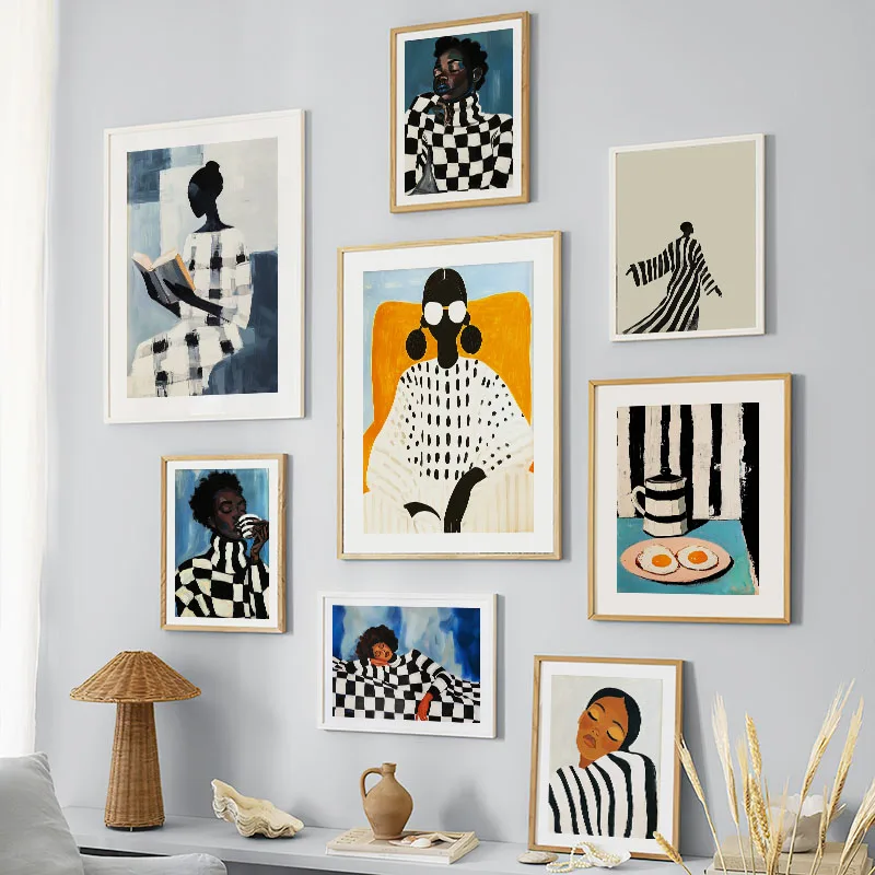 Black Striped Grid Girl Book Coffee Egg Abstract Posters Wall Art Canvas Print Painting Hotel Bar Pictures For Living Room Decor