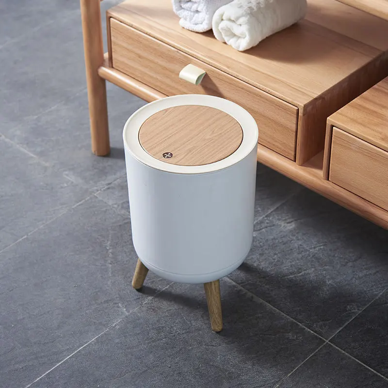 7L Round Wood Grain Trash Can Press Type Garbage Can Nordic Waste Basket With Legs Plastic Trash Bin for Bathroom Living Room