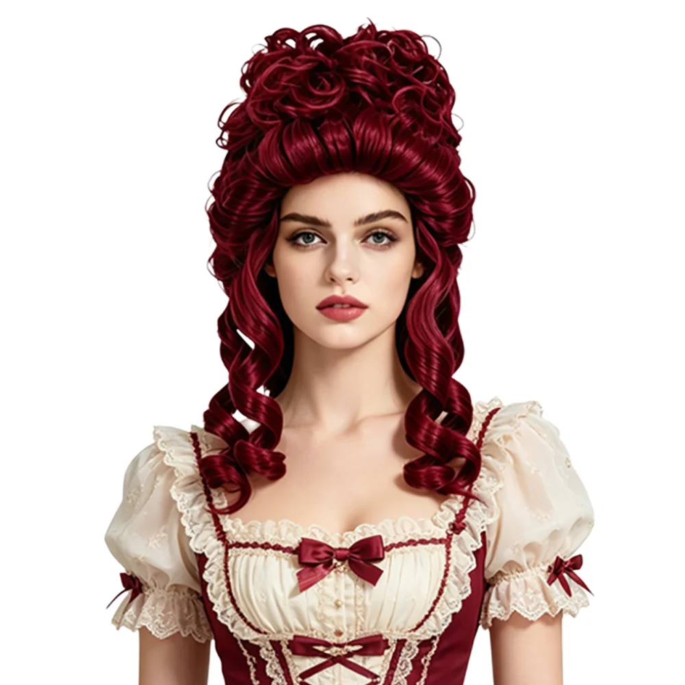 Burgundy Vintage Updo Wig 14 Inches Big Curly Baroque Style Wig Heat Resistant Synthetic Hair For Women Halloween Party Cosplay