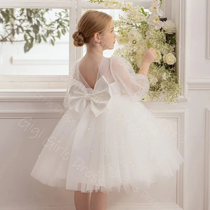Vestido de princesa rosa polvoriento con flores para niña, vestido de fiesta de boda de tul hasta la rodilla, vestido de cumpleaños personalizado para niños con perlas