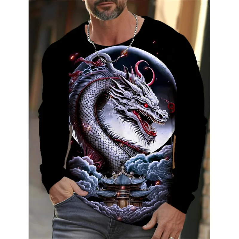 3D Printed Chinese Loong T-Shirt For Men Cool Dragon Pattern Tees Autumn Casual Long Sleeves Loose T Shirts Street O-Neck Tops