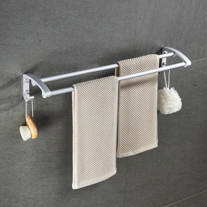 Space Aluminum Rack Hook Towel Rack Double Towel Bar Silver Bath Storage Wall Mount Bathroom Accessories Shelf Toilet Towel Bar