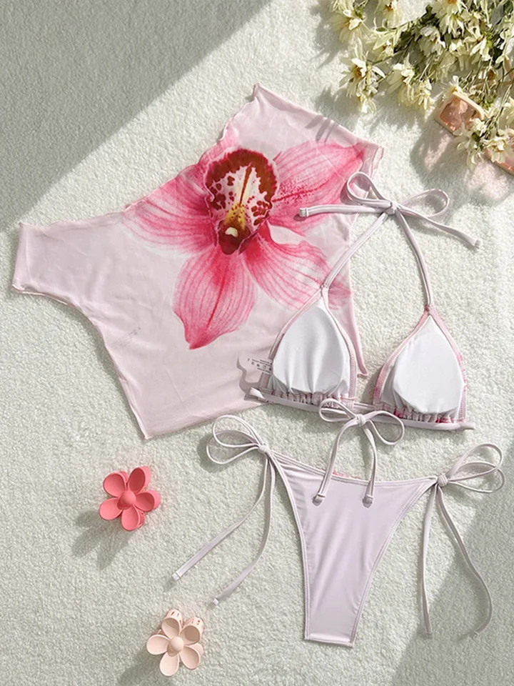 Vzvn Fashion Sexy Print Laced Up Bikini Women Split Swimsuit Beach Bikini 2026 New All Season Backless Bikinis Smock 3 Piece Set