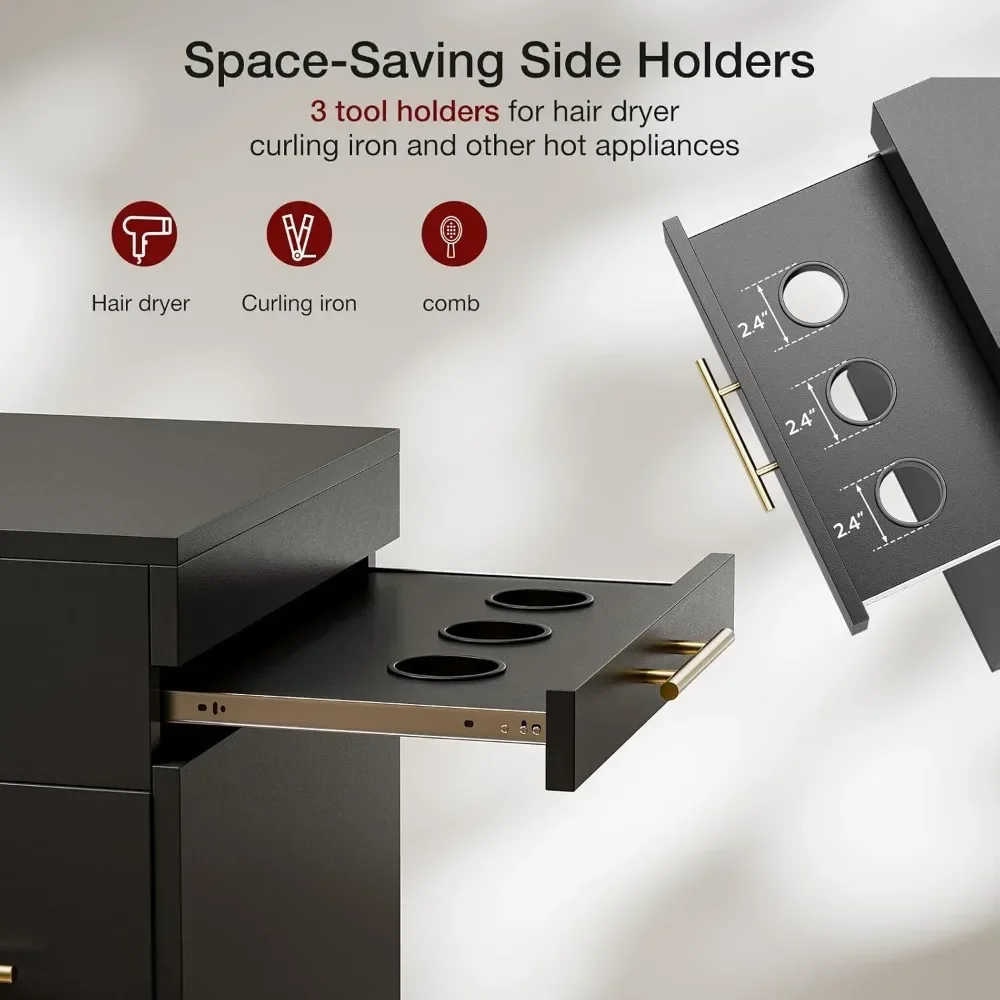 미용실 트롤리, 헤어 스타일리스트용 드라이어 홀더 3개가 있는 이동식 헤어 카트, 뷰티 이발소용 메이크업 정리대 캐비닛