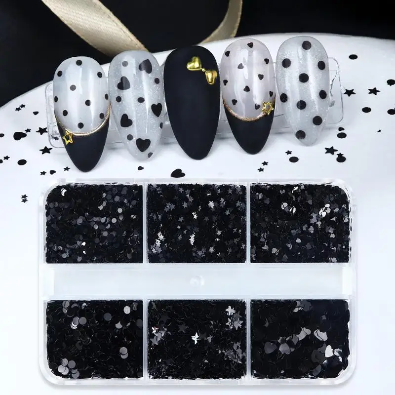 6 Grids/Box Round Black Dot Nail Art Glitter Sequins Vintage Manicure Star Heart Shape Shiny Nails Charms Decoration Accessories