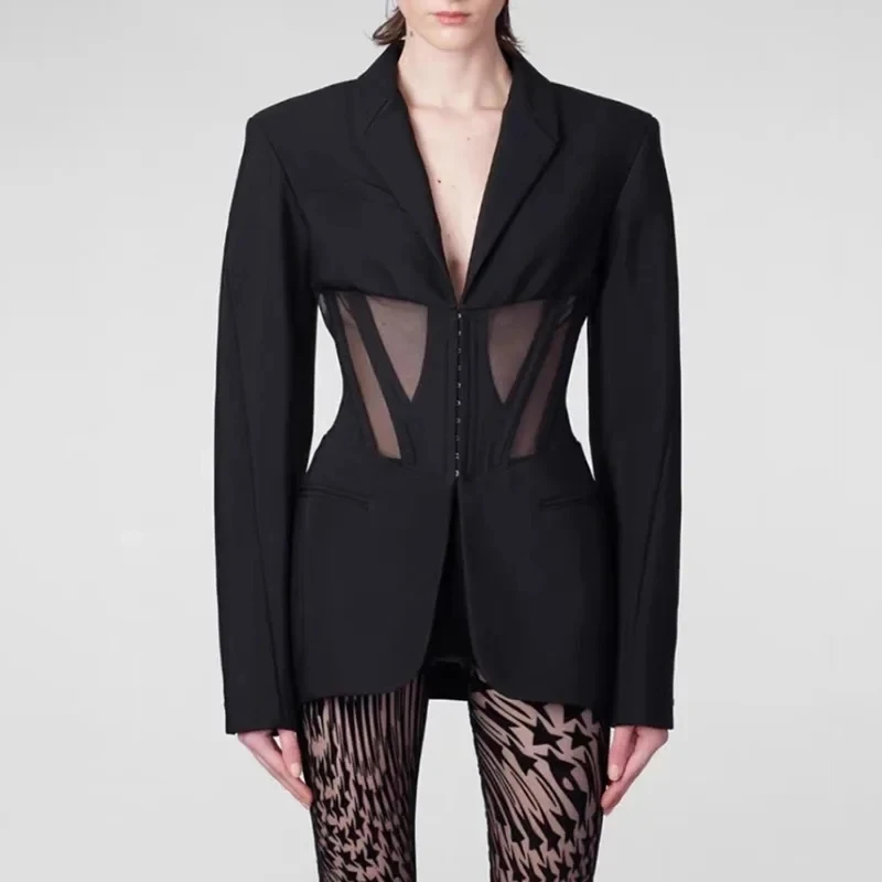Women's Casual Fishbone Blazers, Long Sleeve, Loose Coats, Autumn Slim-Fit, See-through Outerwear, Korean Style