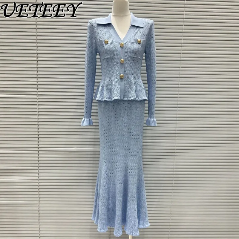 2025 ฤดูใบไม้ร่วงใหม่ภาษาฝรั่งเศสคําคนดังอารมณ์Elegant SlimmingแขนยาวVคอRuffle Edge Top + เอวสูงชุดกระโปรงยาว