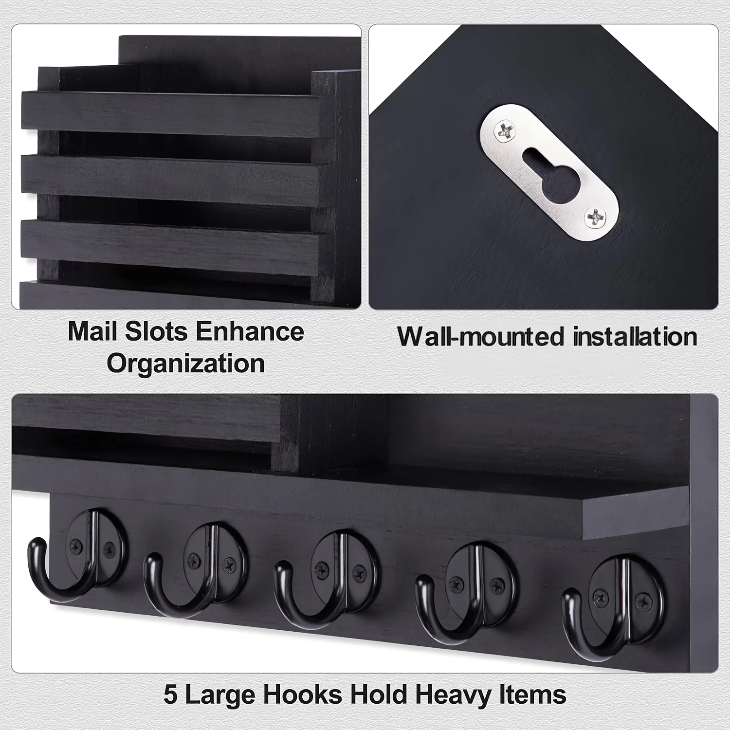 Wall Mount Key Holder Mail Organizer Wooden Entryway Shelf with 5 Hooks for Keys Envelope Hallway Storage Rack Rustic Coat Rack