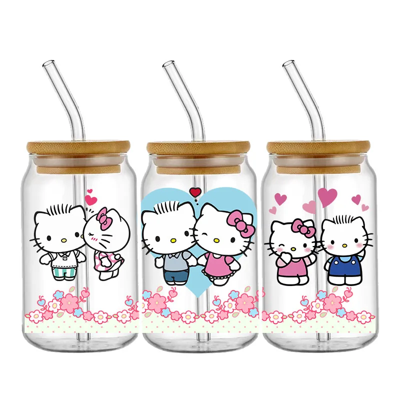 Miniso Hello kitty Valentine's Day UV DTF Transfer Sticker For 16oz Glass Cup Wrap Decal DIY Permanent Selfadhesive Waterproof