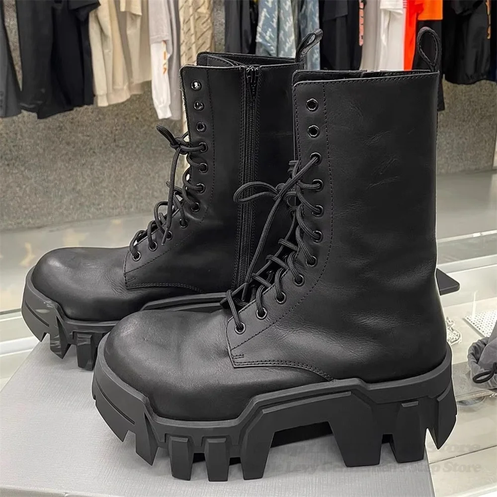 

Мужские высокие ботинки из черной кожи с круглым носком на толстом каблуке, в стиле панк, увеличивающие рост, на шнуровке, дизайнерские, брендовые, крутые и стильные