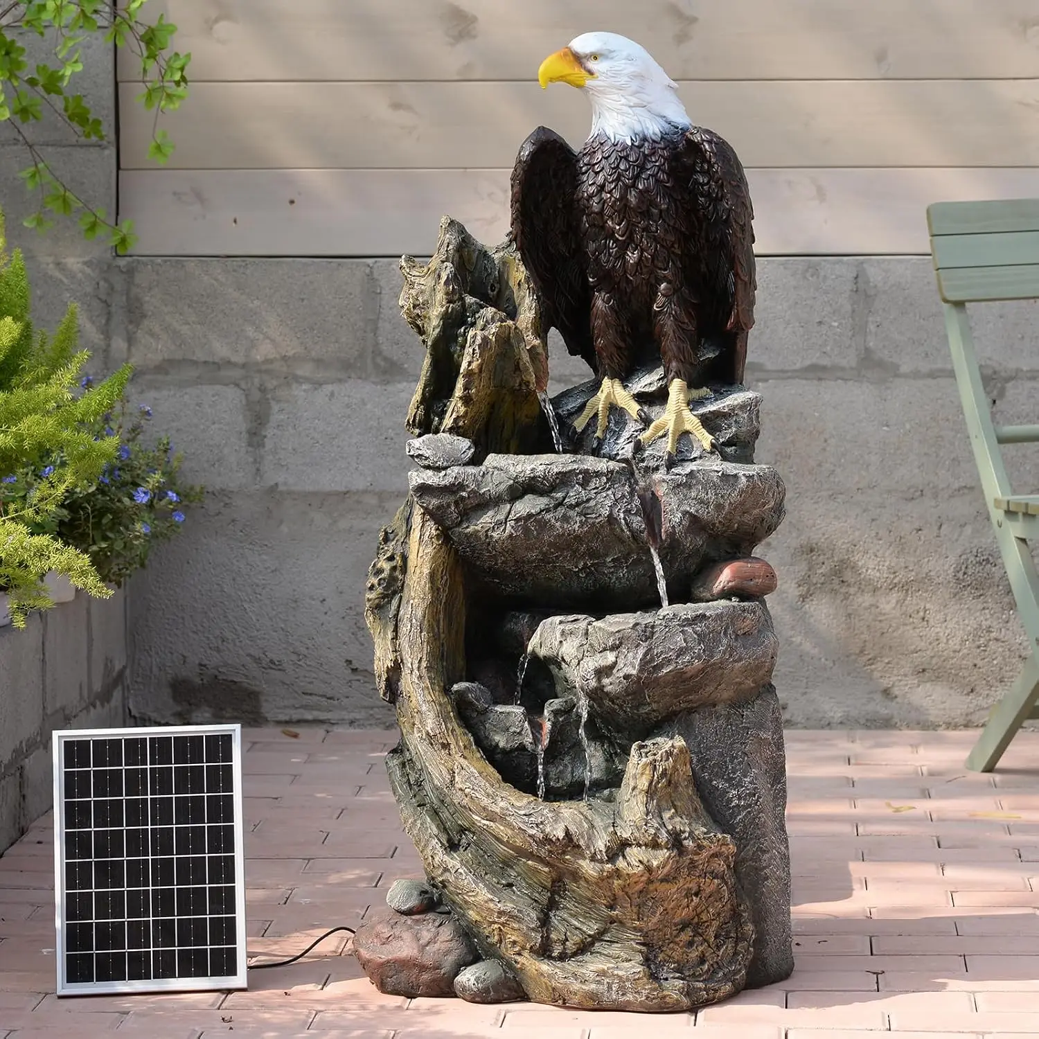 405 Inch Tall Solar Water Fountain Outdoor Garden Eagle Sculpture 5 Tier Solar Powered Cascading Faux Tree Trunk Waterfall Featu