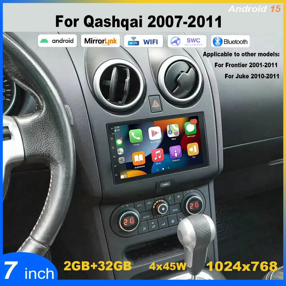 

7In Car Player 2GB+32GB Bluetooth GPS Navigation Android 15 Wireless Wired Stereo Radio for Qashqai 2007-2011 Frontier 2001-2011