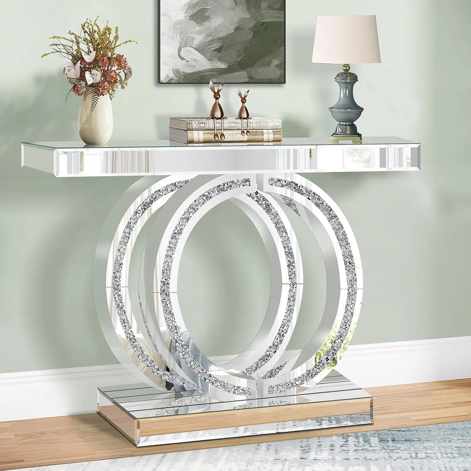 Silver Mirrored Console Table Diamond Inlay 39.4