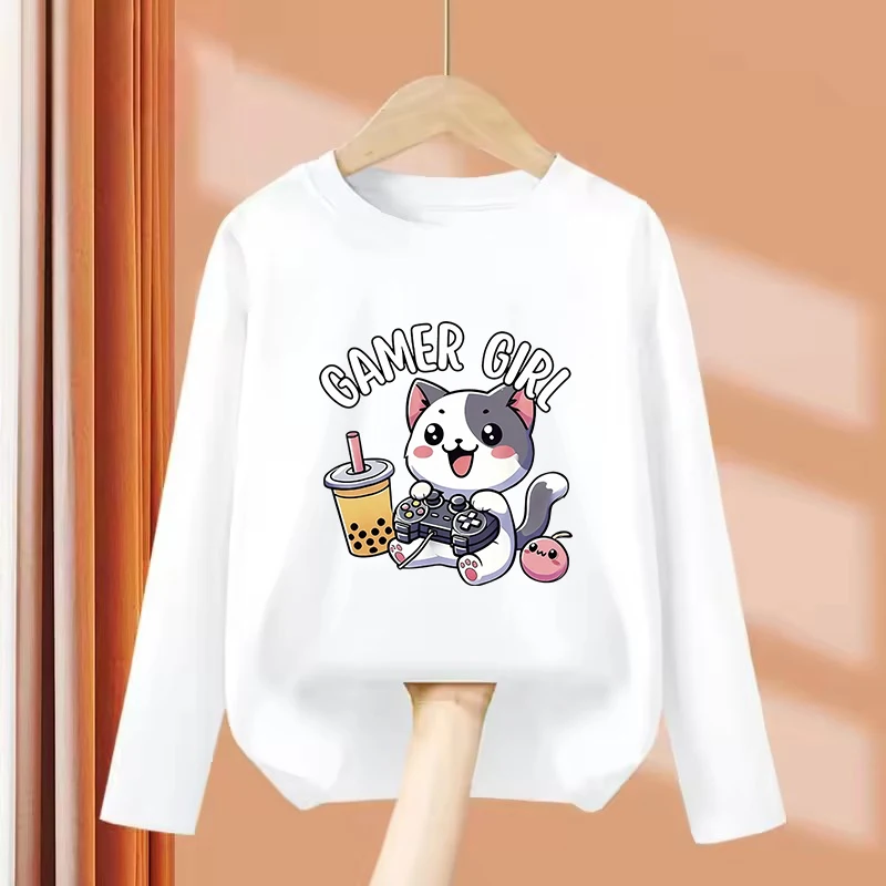 Long Sleeve Cute Cat Gamer Girl Graphic Kids Tshirts Summer Tees Cartoon Boys Girls Clothes Kawaii Tops Y2K Children T-shirt