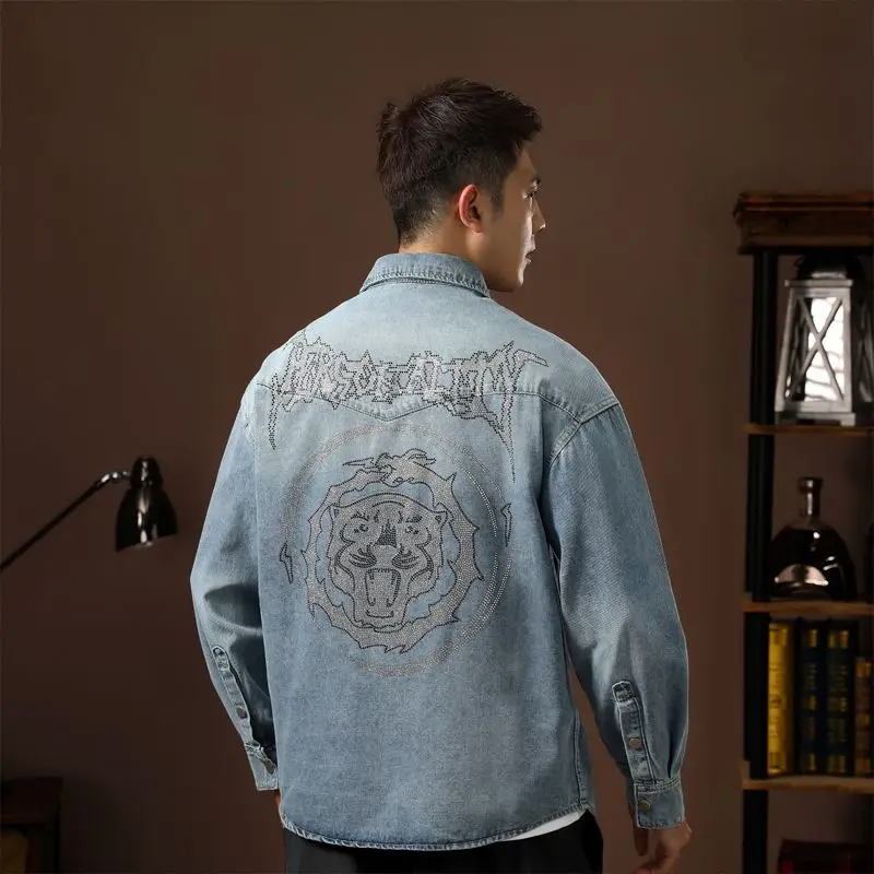 موضة التلبيب الجينز سترة متعددة جيوب معطف الرجال خمر عمال قمصان الدنيم ملابس الربيع عالية الجودة للذكور السببية