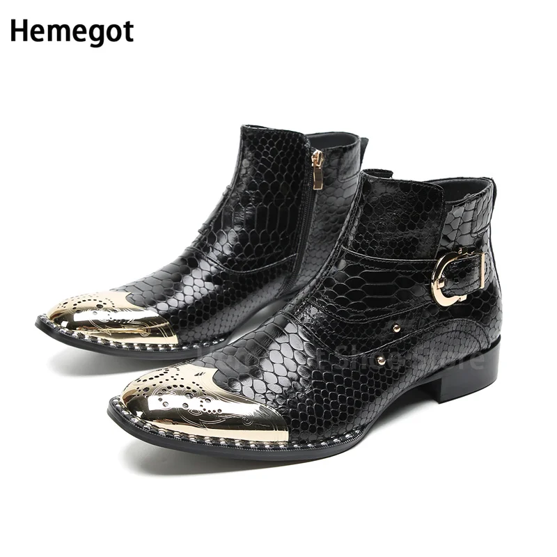 

Iron Square Toe Men's Boots Black Leather Booties gold Leather stylish Autumn Men Shoes Handmade luxury Business Dress Shoes