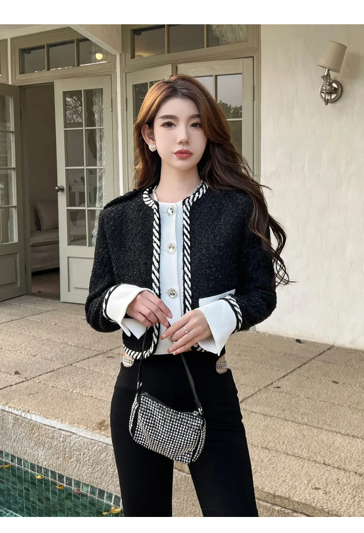 

French Heavy Industry Rhinestone Single breasted Small Fragrance Coat Women's Autumn Splicing Contrast Color Thick Tweed Jacket