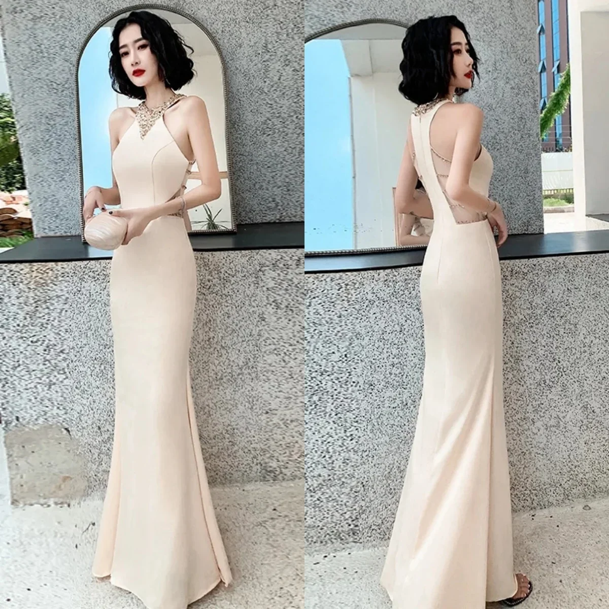 Evening Dresses Champagne Halter Sleeveless Crystal Beads Mermaid Trumpet Floor Length Plus size Customzied Women Party Gown