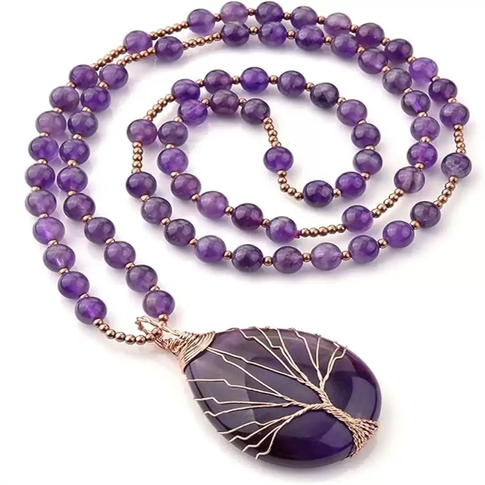 Amethyst Natural Stone Hand-Wound Tree of Life Water Droplet Pendant Necklace Jewelry