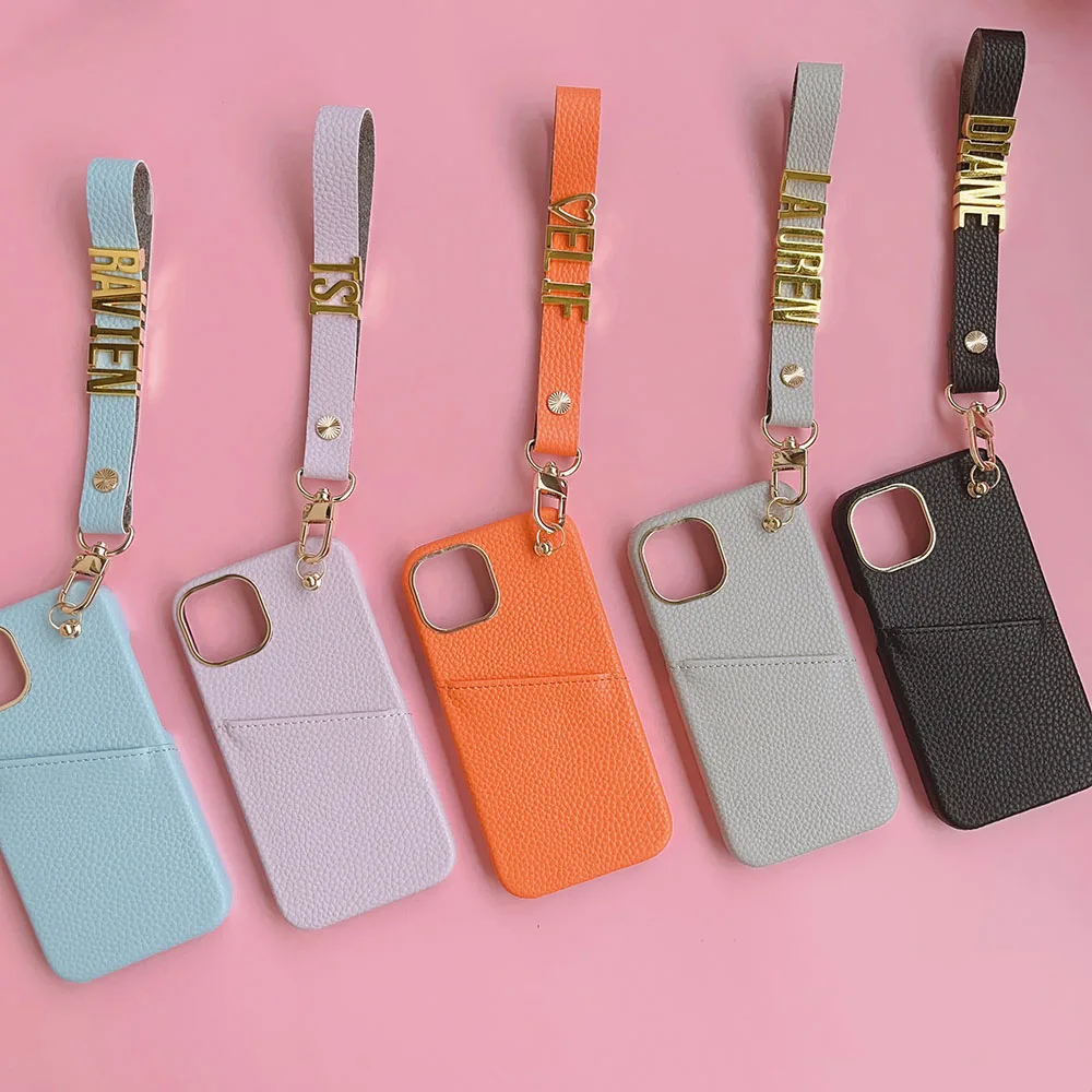 Personalise Pebble Leather Custom Name Card Holder Phone Case For iPhone 16 12 13 14 15Pro Max Protective Lanyard Bracelet Cover
