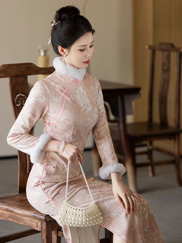 

Thiened Fce Young Sle Women's Qipao Dr Winter New Arrival Slimming Improved Version Long Sve Daily Wear