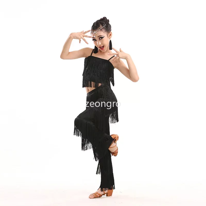 

Kids Latin Dance Costumes Ballroom Plus Size Fringe Tassel Dress Pants Girls Sequin Salsa Samba Children Stage Outfits Costume