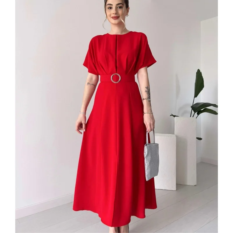 Women\'s Dress Spring and Summer New Solid Color Fashion Chest Pleated Strap Long Dresses for Women